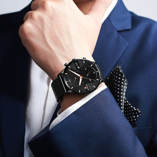 Reloj De Calendario Con Cinturón De Malla Reward Para Hombre Color de la correa Negro