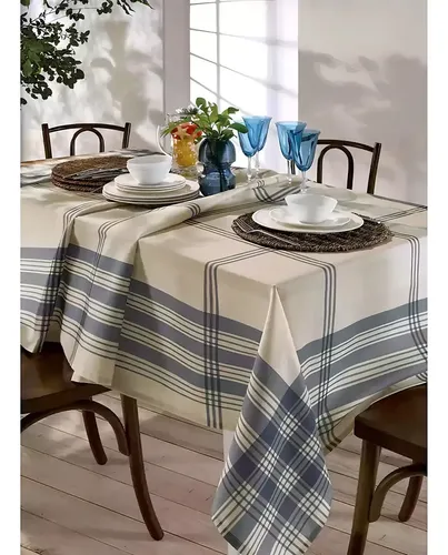 Toalha Mesa Quadrada 8 Cadeira Dölher 1,80x1,80 Luna Digital Cor Creme/Azul