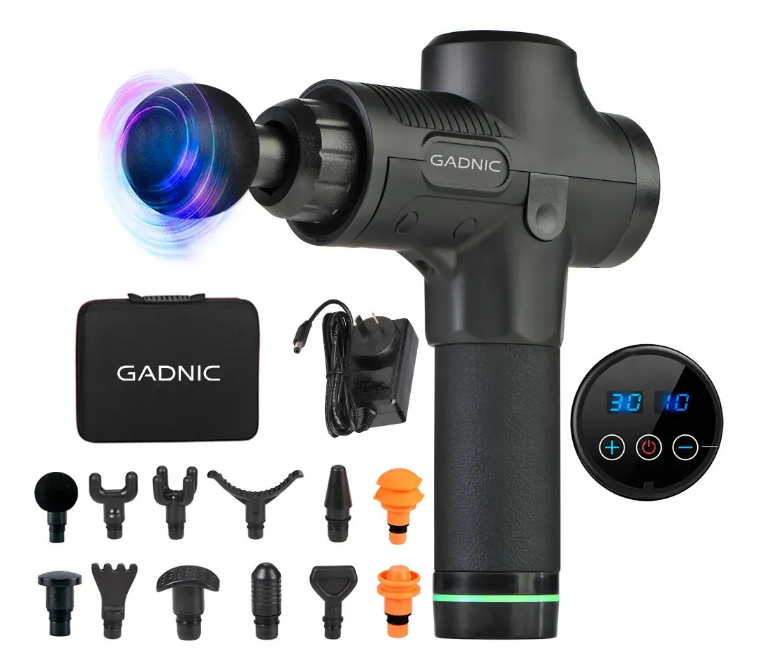 Pistola Masajeadora Exp Mass Gadnic 30 velocidades 12 Cabezales Portátil Recargable LCD Motor Brushless Recuperación Muscular Silenciosa