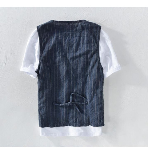 Chaleco Retro A Rayas De Algodón Y Lino Para Hombre