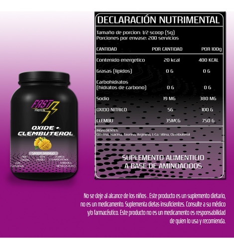 Óxido Nítrico + Clembuterol Fast Protein 1kg Pre Entreno Mango