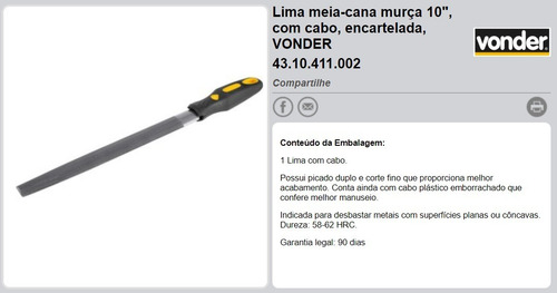 Lima Meia-cana Murça 10 Pol. Com Cabo Vonder Desbaste Metais