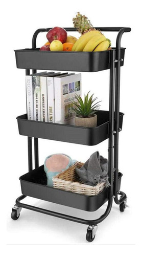 Carrito Organizador Cocina Baño Movible Carro De Servicio Organizador Acero Con Ruedas 3 Bandejas Jazak Color Negro