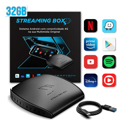 Faaftech Streaming Box S Soft 2GB Ram 32GB Armazenamento Interface Desbloqueio USB Central Apps Android Sistema Carplay Multimídia 4G Wifi Preto