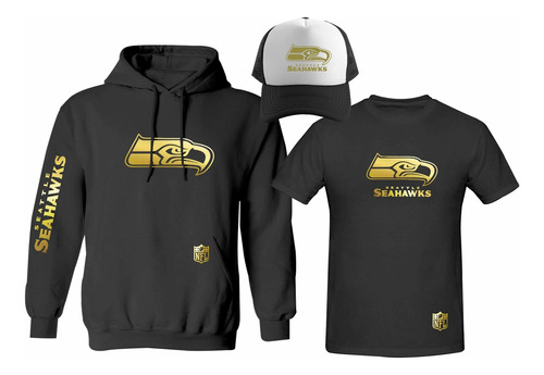 Kit Sudadera + Playera + Gorra Seattle Seahawks Nfl Gold