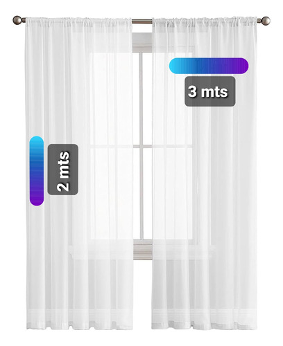 Cortinas Tela Voile Francés P. Barrote O Riel, Juego 2p 3x2