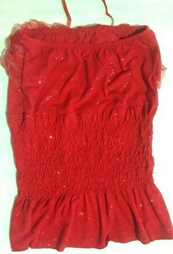 Strapless Rojo Brillos Terminación Puntilla