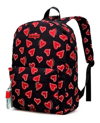 Mochila Urbana Universitaria Escolar Las Oreiro Mujer Moda Color Negro Con Corazones