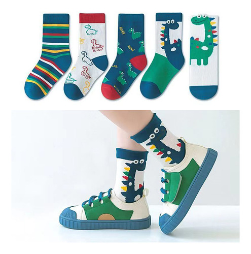 Calcetines Con Estampado De Dinosaurios Para Niños, 5 Pares