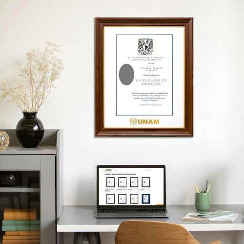 Marco Para Titulo Unam 40x50 Azul/ Filo Oro Nogal/ Filo Oro