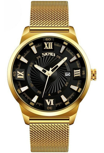 Relógio Masculino Skmei Dourado Preto Analógico 9166 3d
