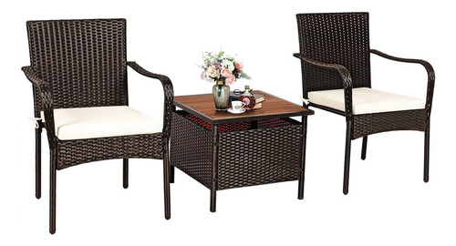 Bhukf 3pcs Patio Rattan Furniture Bistro Set Wood Side Tabl.