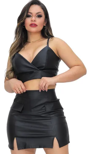 Conjunto de couro feminino saia store e blusa