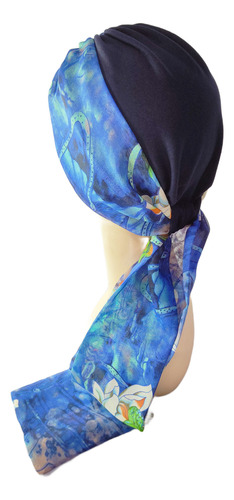 Turbante Gorro Para Mujer C/banda Oncológico Quimio. Algodon Color Azul Marino Multi