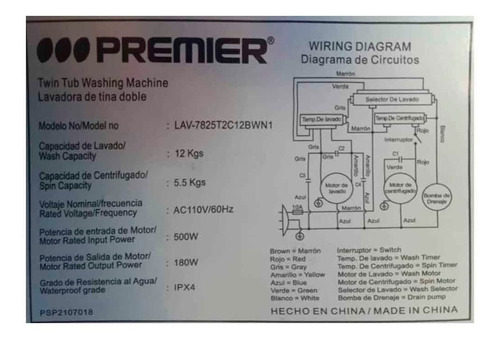Imagen 4 de 4 de Lavadora Dobletina 12kgs/5.5kgs - Premier - 7825t2c12wn1