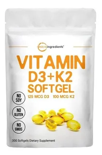 Vitamina D3 5000iu Plus K2 Fórmula 2 En 1, 300 Softgels