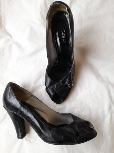 Zapatos Negros Taco Cuero Finos 38 Fiori Impecables