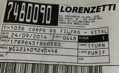Corpo Do Filtro De Água Lorenzetti Vitale Original T-1036
