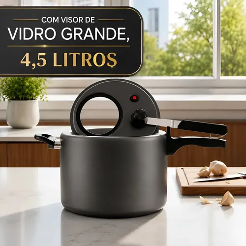 Panela  De Pressão 4,5 Litr Antiaderente Mta Com Visor Grande Grafite