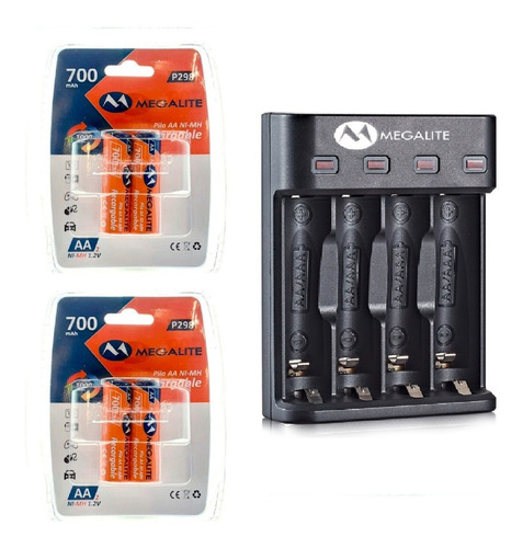 Cargador De Pilas Aa Aaa Megalite Usb + 4 Pilas Aa 700mah