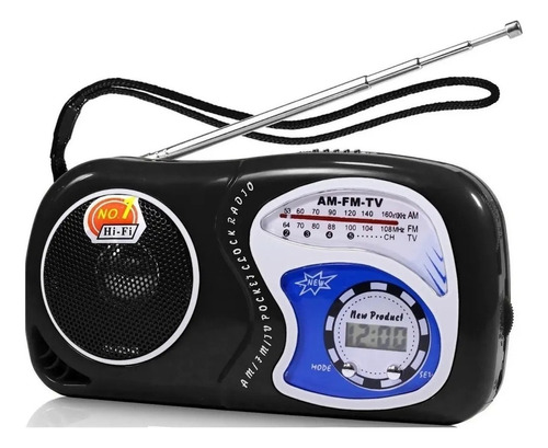 Mini Rádio Am/fm/tv De Bolso Com Relógio Portatil Pomoção Cor Preto