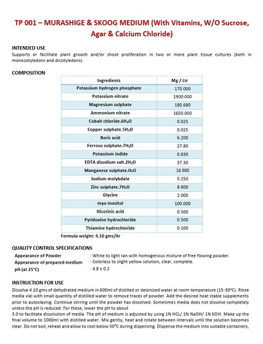 Medio Ms Con Vitaminas 1 Litros Invitroorquid-tm Media.
