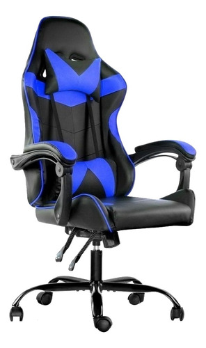Imagen 1 de 1 de Silla de escritorio Lumax Rom gamer ergonómica  negra y azul con tapizado de piel sintética