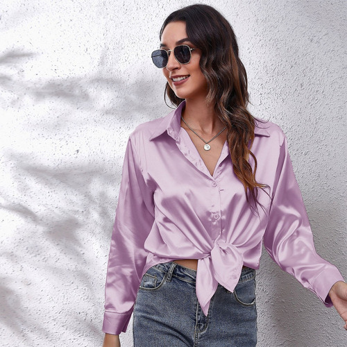 Increíble Cuello V Blusa Satén Moda Casual Elegante Diseños