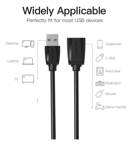 Cable Alargador USB 2.0 Vention VAS-A44-B050/ USB Macho - USB Hembra/ 50cm/  Negro VAS-A44-B050