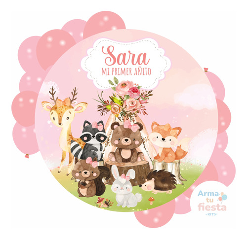 Banner Animales Del Bosque Rosa Personalizado Imprimible