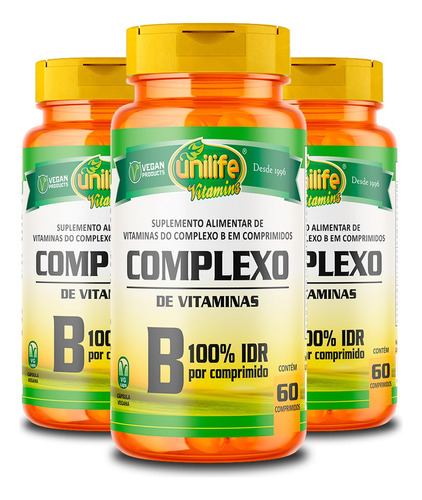 Kit Com 3 Complexo B Unilife Vitamins 60 Cáps Sabor Sem Sabor