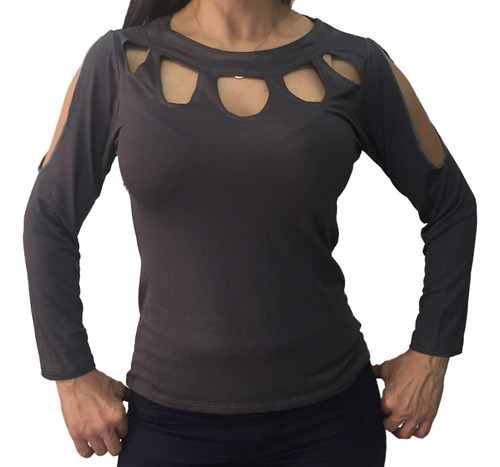 Blusa De Huecos En Cuello Y Mangas, Casual, Stretch, Qantik