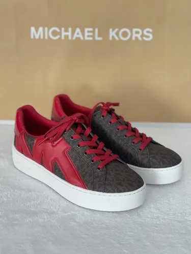 Tenis 3 Mx Michael Kors Caf Monogram Logo Rojo Mk Genuinos en