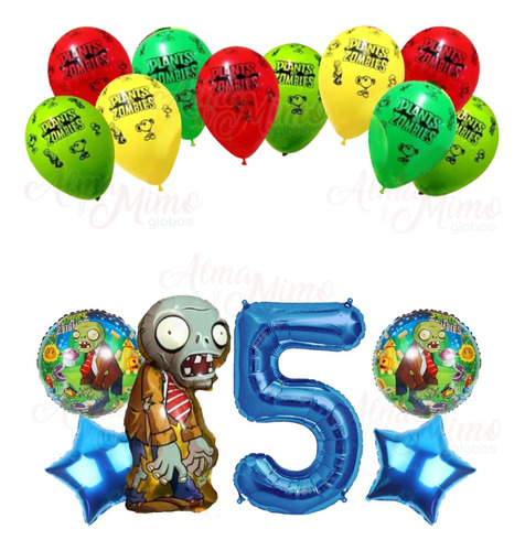 Pack Globos Plantas Vs Zombies X 6 + Látex ( C/ Número 80cm)