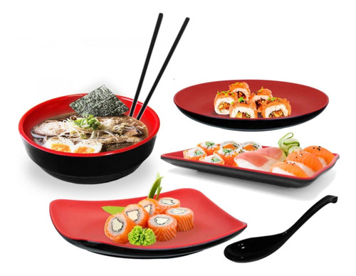 Kit Para Comida Japonesa Tigela + Pratos + Colher + Hashi