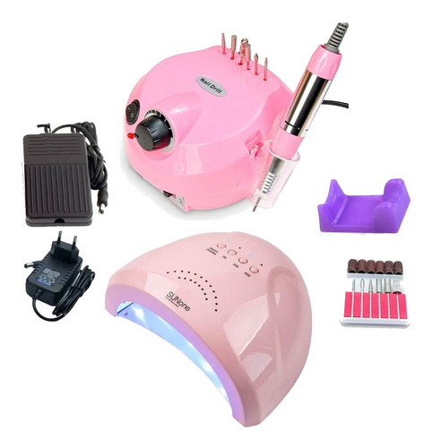 Lixadeira Motor Elétrica Nail Drill Bivolt + Cabine Sun One Cor Rosa 110V/220V