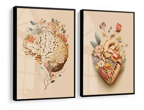 Quadro Decorativo Medicina Cérebro Coração Flores Com Vidro