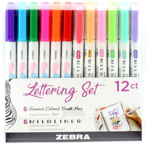 Lettering Set 12 Zebra 6 Resaltador  Mildliner 6 Bolígrafo