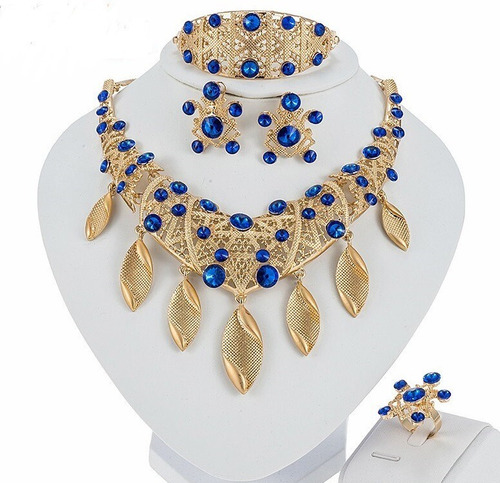 Conjunto Colar Brinco Anel Azul Cristais Strass Festa Luxo