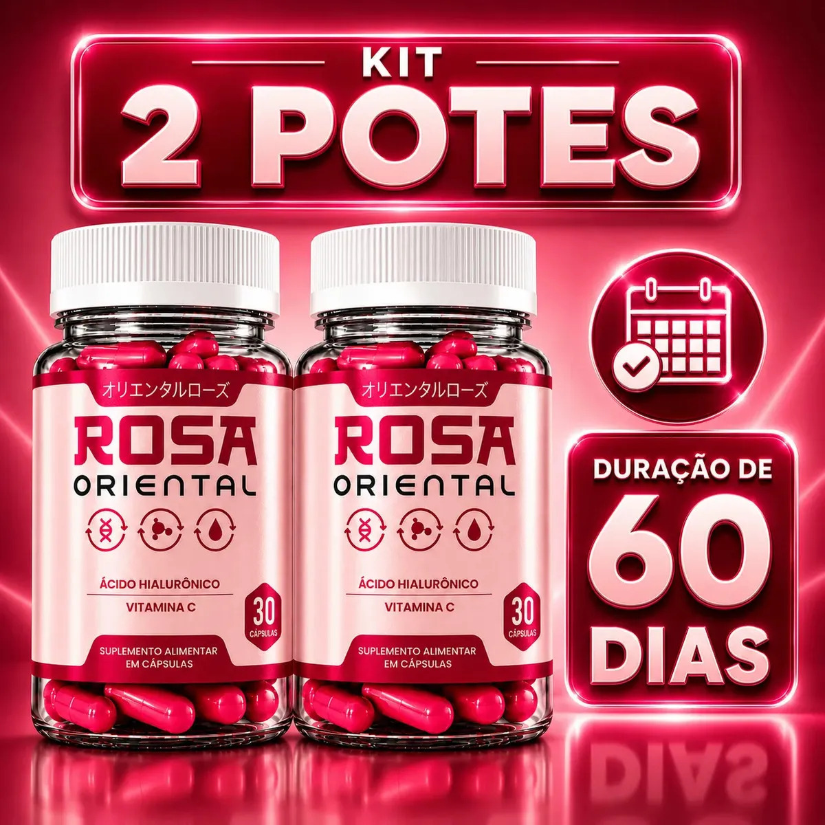 Ácido Hialurônico Natuelle Rosa Oriental em Cápsulas para Beleza e Pele Jovem - Kit com 60 Cápsulas