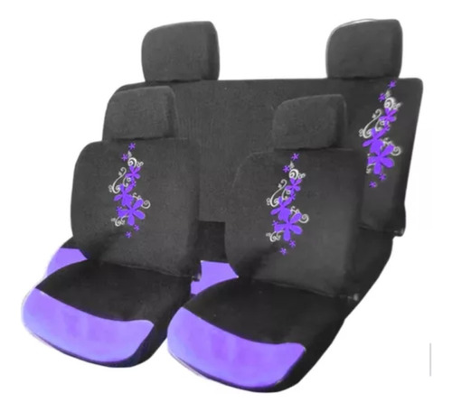 Funda Cubre Asiento Negro Flores Bordada 8pcs Auto Universal