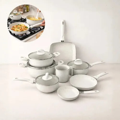 Jogo De Panelas 8 Peças Revestimento Cerâmico Antiaderente Com Grill Creme​ - Jhamba