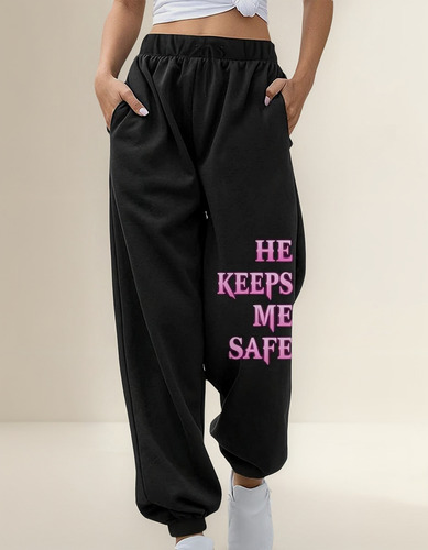 Calça De Moletom Feminina Com Estampa Sólida, Cintura Alta,