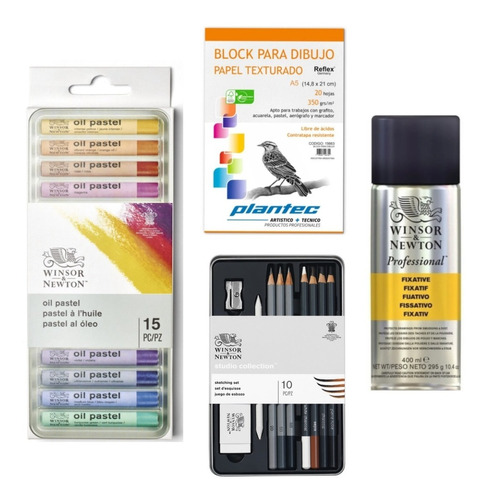 Kit Winsor And Newton 15 Pastel Oleo Set Esbozo Fijador Bloc