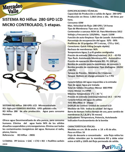Filtro De Agua Osmosis Hiflux 280 Galones Lcd Agua Potable