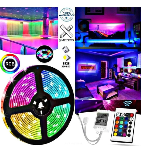 Imagen 1 de 5 de Pack Tiktok: Cinta Led Colores 5mt + Control Rgb + Adaptador