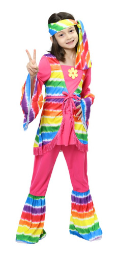 Disfraz Groovy Hippie Multicolor Con Bisuteria Para Niña