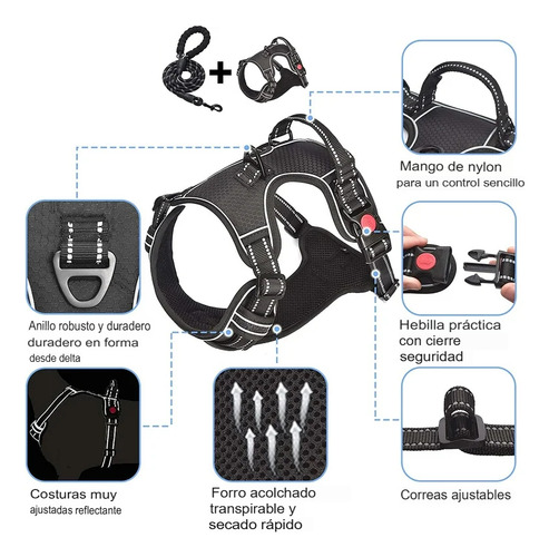 Arnes Para Perro Pechera Anti Tirones Reflectante Con Correa