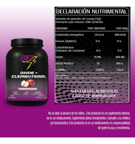 Óxido Nítrico + Clembuterol Fast Suplement 1kg 200 Serv Manzana