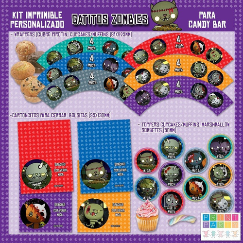 Gatitos Zombies Kit Imprimible Personalizado Con Candy Bar